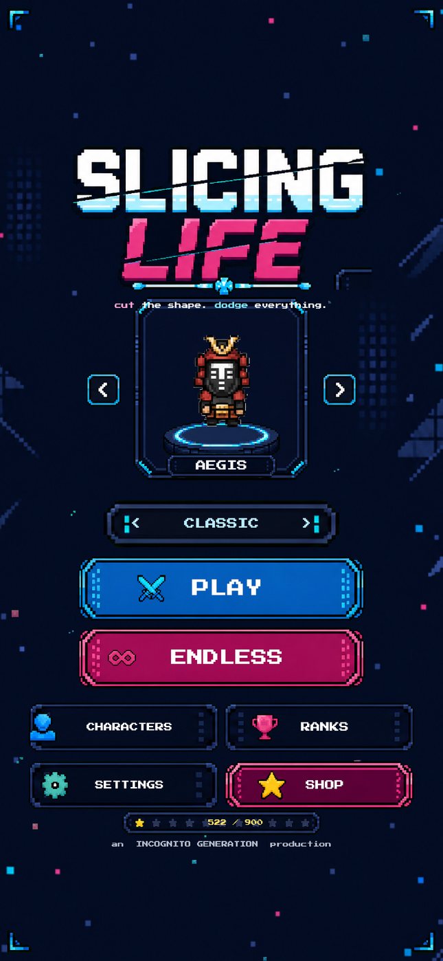 Title screen: the Slicing Life logo over a pixel-art night skyline.