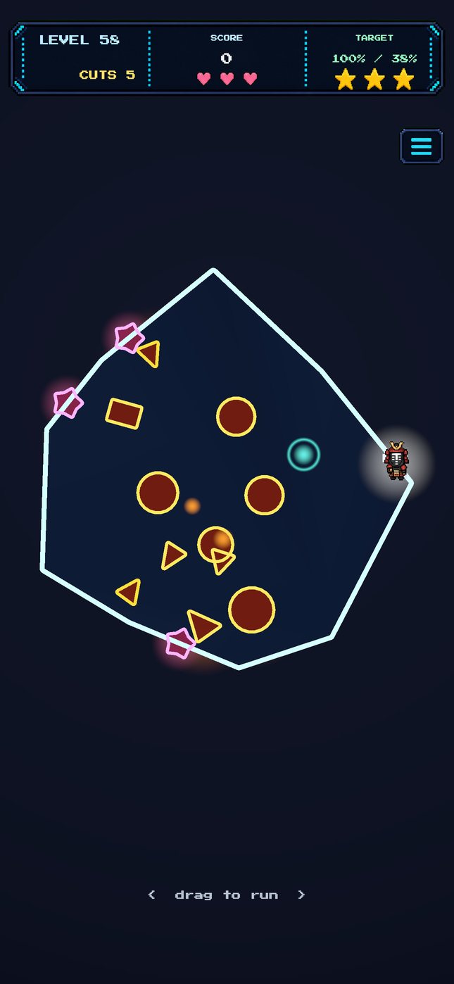Level 58 in play: a cyan outline shape with hazards inside and a runner on the edge.