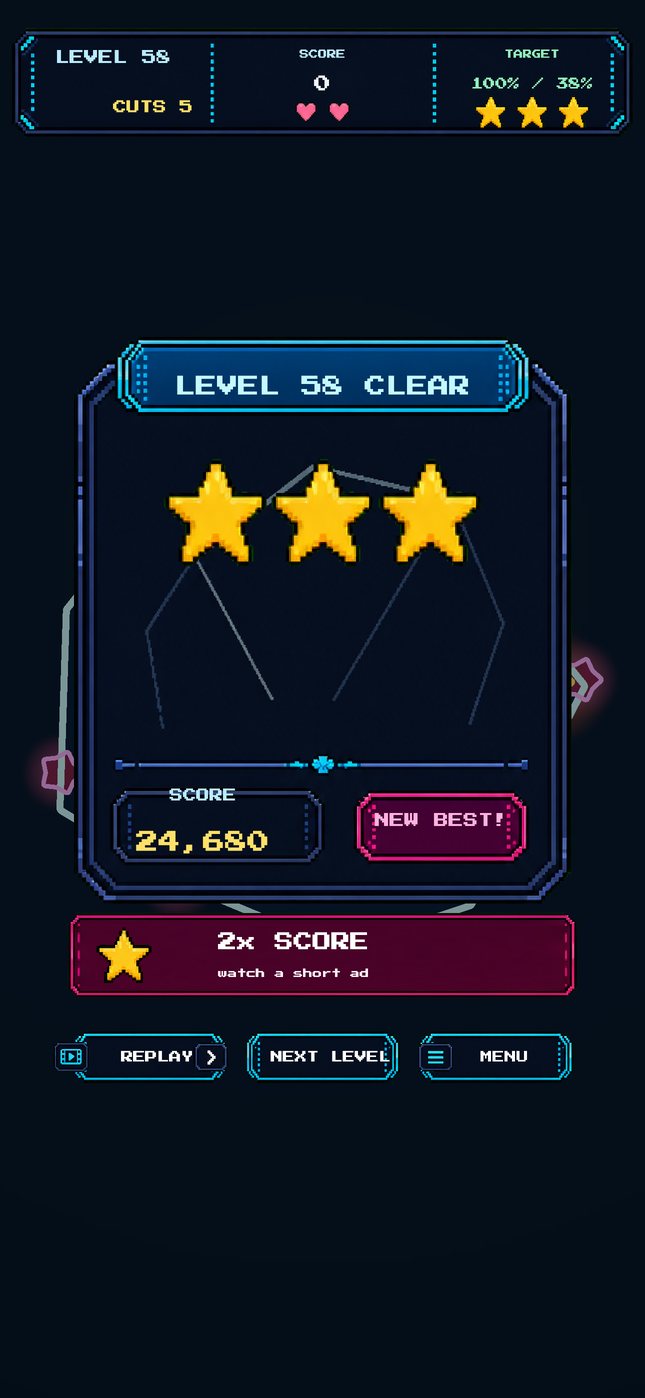 Level clear card showing score, stars and the next-level button.