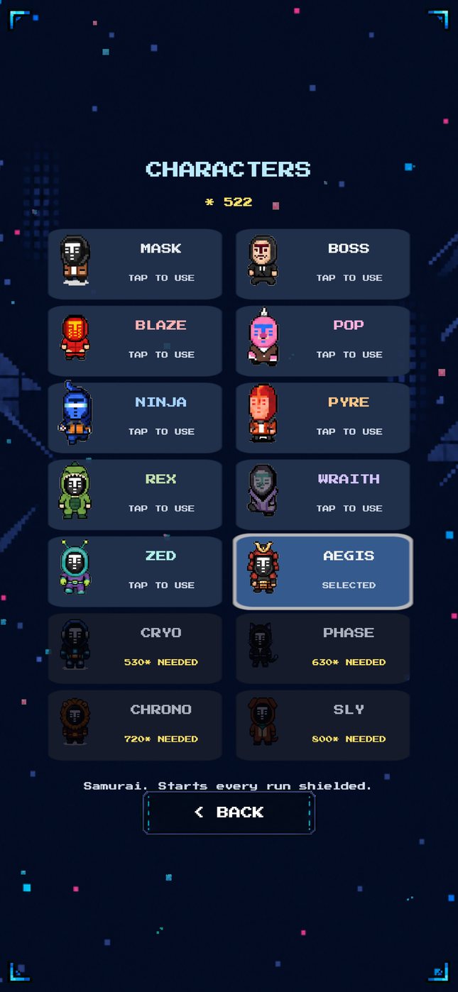 Character roster: sixteen pixel-art runners, some unlocked, some priced in stars.